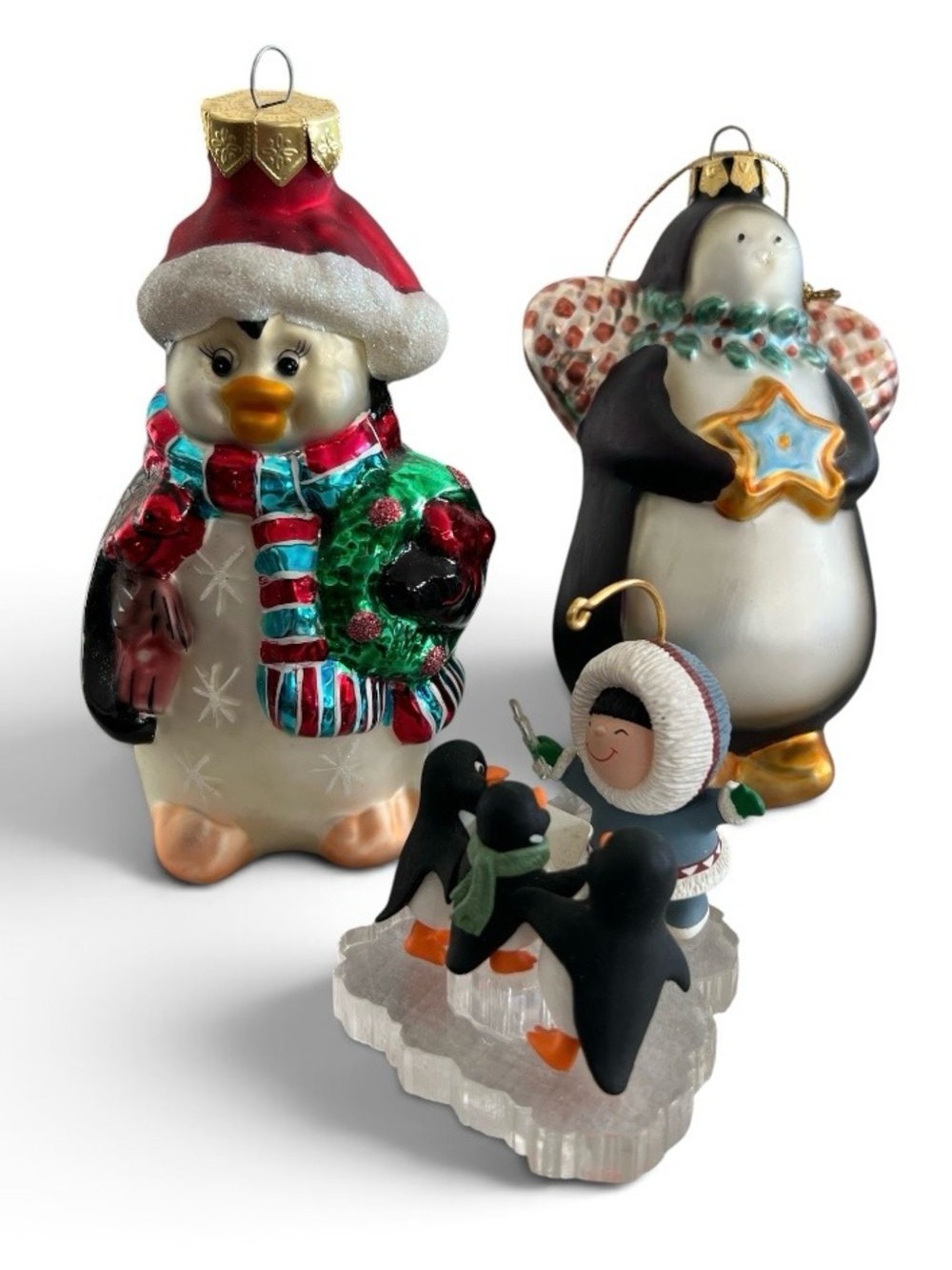 Holiday Penguin and Eskimo Glass Ornament Set - Red, Green, Black